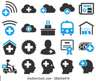 Medical icon set. Style: bicolor icons drawn with blue and gray colors on a white background.