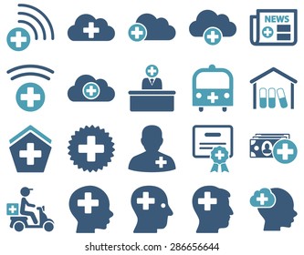Medical icon set. Style: bicolor icons drawn with cyan and blue colors on a white background.