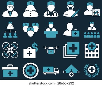 Medical icon set. Style: bicolor icons drawn with blue and white colors on a dark blue background.
