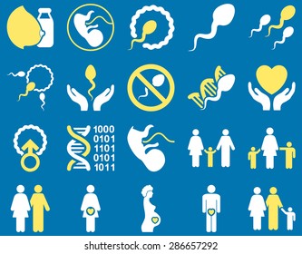 Medical icon set. Style: bicolor icons drawn with yellow and white colors on a blue background.