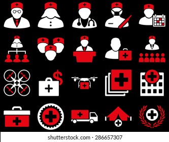 Medical icon set. Style: bicolor icons drawn with red and white colors on a black background.