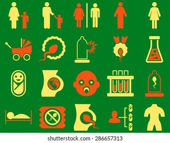 Medical icon set. Style: bicolor icons drawn with orange and yellow colors on a green background.