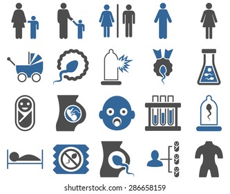 Medical icon set. Style: bicolor icons drawn with cobalt and gray colors on a white background.