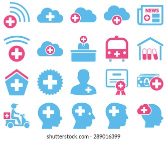 Medical icon set. Style: bicolor icons drawn with pink and blue colors on a white background.