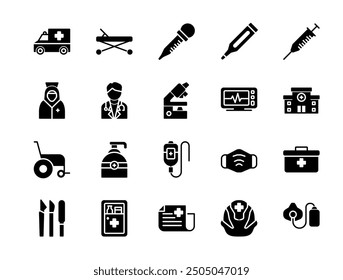 medical icon set style glyph.
Collection medical icon glyph ambulance, patient bed, pipette, thermometer, injection, nurse, doctor, etc. Editable vector stroke.