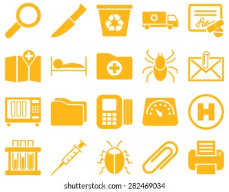 Medical icon set. Style: icons drawn with yellow color on a white background.
