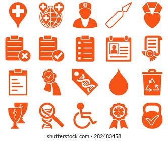 Medical icon set. Style: icons drawn with orange color on a white background.