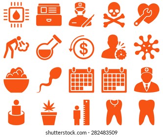 Medical icon set. Style: icons drawn with orange color on a white background.