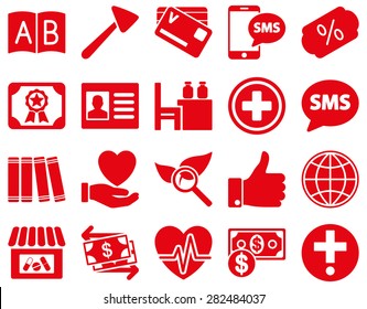 Medical icon set. Style: icons drawn with red color on a white background.