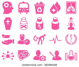 Medical icon set. Style: icons drawn with pink color on a white background.