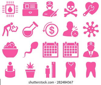 Medical icon set. Style: icons drawn with pink color on a white background.