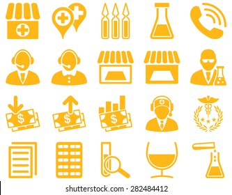 Medical icon set. Style: icons drawn with yellow color on a white background.