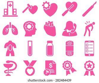Medical icon set. Style: icons drawn with pink color on a white background.