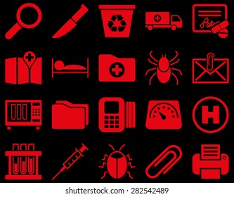 Medical icon set. Style: icons drawn with red color on a black background.