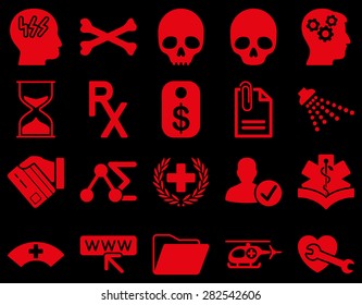 Medical icon set. Style: icons drawn with red color on a black background.