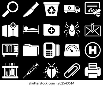 Medical icon set. Style: icons drawn with white color on a black background.