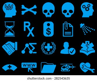 Medical icon set. Style: icons drawn with blue color on a black background.