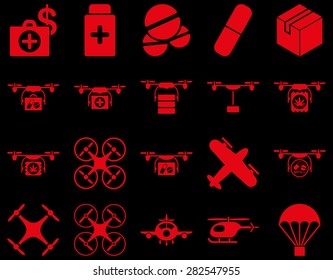 Medical icon set. Style: icons drawn with red color on a black background.