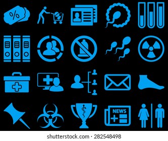 Medical icon set. Style: icons drawn with blue color on a black background.