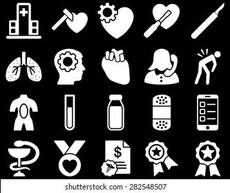 Medical icon set. Style: icons drawn with white color on a black background.