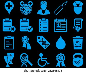 Medical icon set. Style: icons drawn with blue color on a black background.