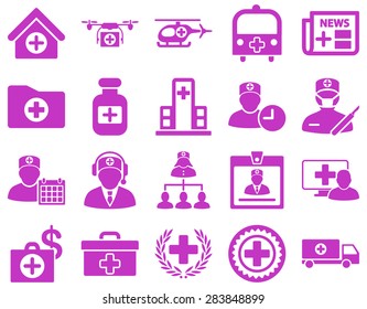 Medical icon set. Style: icons drawn with violet color on a white background.