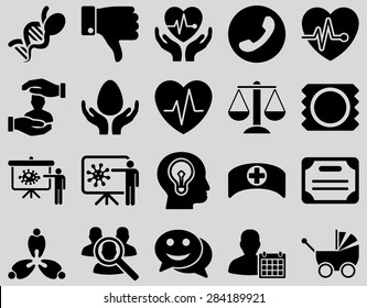 Medical icon set. Style: icons drawn with black color on a light gray background.