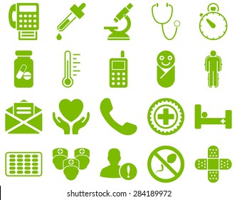 Medical icon set. Style: icons drawn with eco green color on a white background.