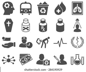 Medical icon set. Style: icons drawn with gray color on a white background.