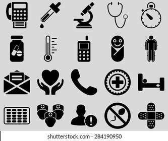 Medical icon set. Style: icons drawn with black color on a light gray background.