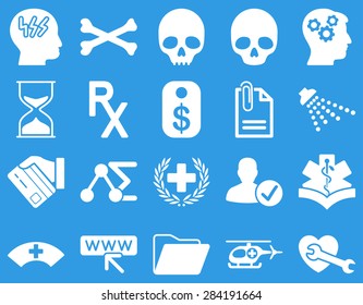 Medical icon set. Style: icons drawn with white color on a blue background.