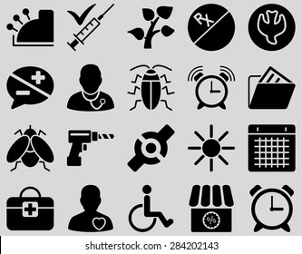 Medical icon set. Style: icons drawn with black color on a light gray background.