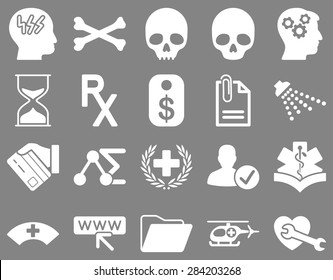 Medical icon set. Style: icons drawn with white color on a gray background.