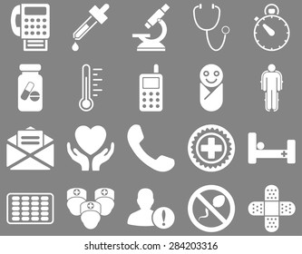 Medical icon set. Style: icons drawn with white color on a gray background.