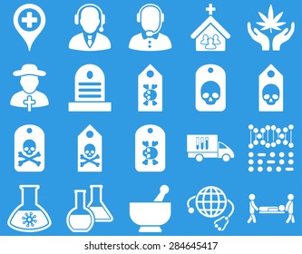 Medical icon set. Style: icons drawn with white color on a blue background.