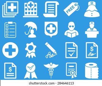 Medical icon set. Style: icons drawn with white color on a blue background.