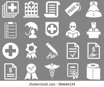 Medical icon set. Style: icons drawn with white color on a gray background.