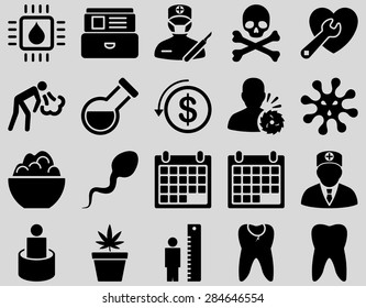 Medical icon set. Style: icons drawn with black color on a light gray background.