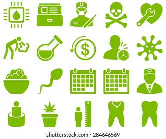 Medical icon set. Style: icons drawn with eco green color on a white background.
