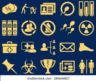 Medical icon set. Style: icons drawn with yellow color on a blue background.