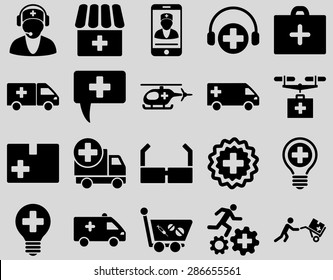Medical icon set. Style: icons drawn with black color on a light gray background.
