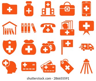 Medical icon set. Style: icons drawn with orange color on a white background.