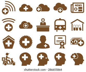 Medical icon set. Style: icons drawn with brown color on a white background.