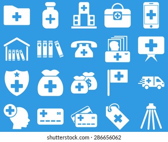 Medical icon set. Style: icons drawn with white color on a blue background.