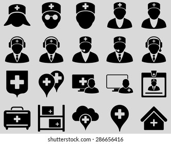 Medical icon set. Style: icons drawn with black color on a light gray background.
