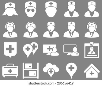 Medical icon set. Style: icons drawn with white color on a gray background.