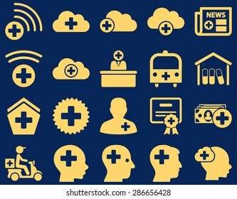 Medical icon set. Style: icons drawn with yellow color on a blue background.