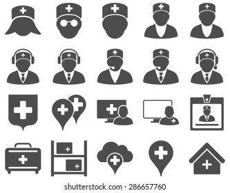 Medical icon set. Style: icons drawn with gray color on a white background.