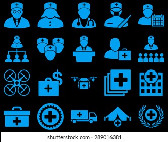 Medical icon set. Style: icons drawn with blue color on a black background.