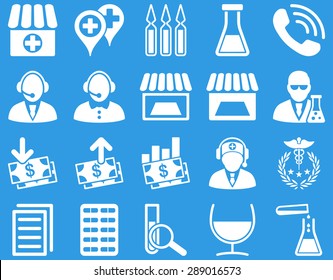 Medical icon set. Style: icons drawn with white color on a blue background.